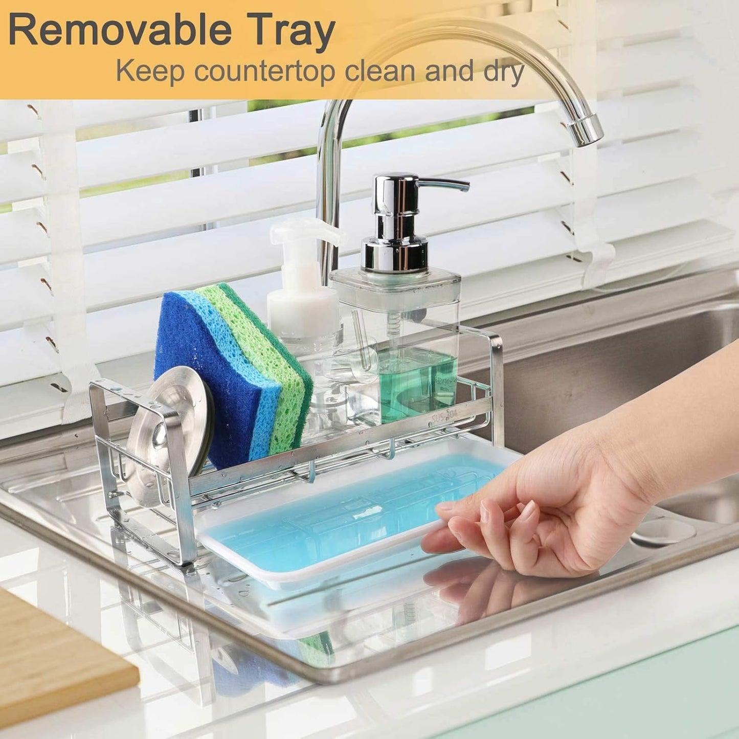 FANGSUN Large Kitchen Sponge Holder, Sink Caddy, Sponge Brush Soap Holder with Removable Tray, Not Include Soap Dispenser, Sliver