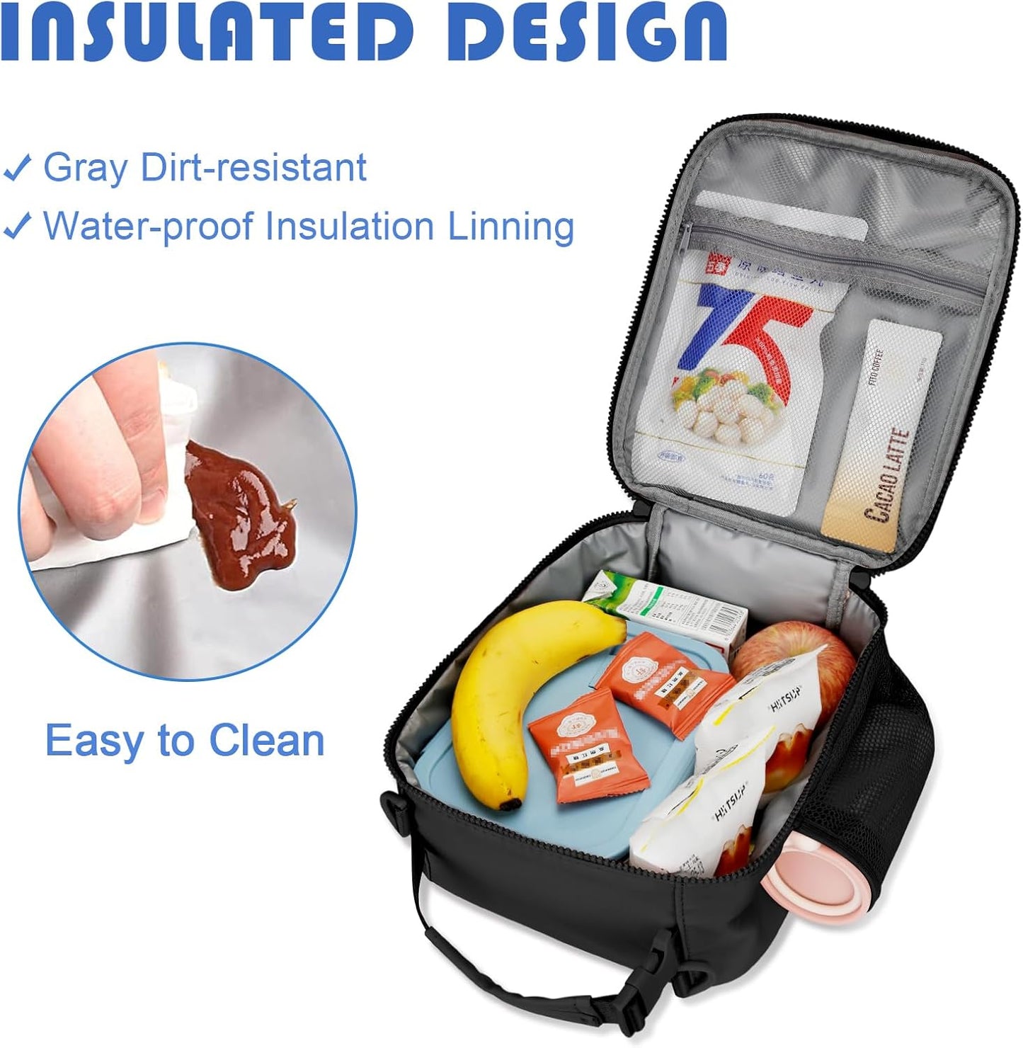 Initial Insulated Lunch Bag for Boys Kids, Back to School Gift, Reusable Leak-proof Lunch Box with Adjustable Strap for School Daycare Travel Picnic（Black，S）