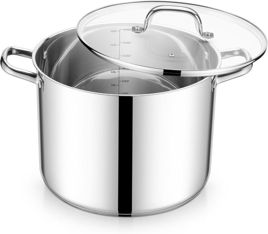 E-far 16 Quart Stainless Steel Stock Pot, Large Heavy Duty Induction Stockpot with Glass Lid for Cooking Soup Canning, Thick Tri-Ply Bottom & Riveted Handle, Compatible with All Stove, Dishwasher Safe