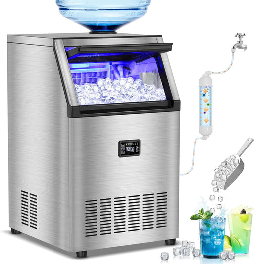 Commercial Ice Maker Machine, 160 lbs/24H with 50 lbs Storage Bin, Dual Water Inlet Options, Under Counter Freestanding Ice Maker for Home, Bar, Support 5-Gallon Bottle Water & Tap Water
