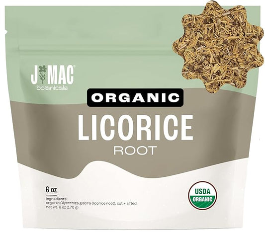 J Mac Botanicals Organic Licorice Root Tea, Cut and Sifted, Dried Herb, regaliz raiz organico