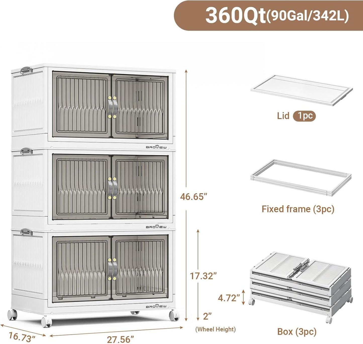360Qt Stackable Storage Bins with Lid, Extra Large Closet Organizer Collapsible Drawer Boxes with Wheels, Folding Plastic Cabinet Containers for Home Kitchen Room Organization, 3Pack White