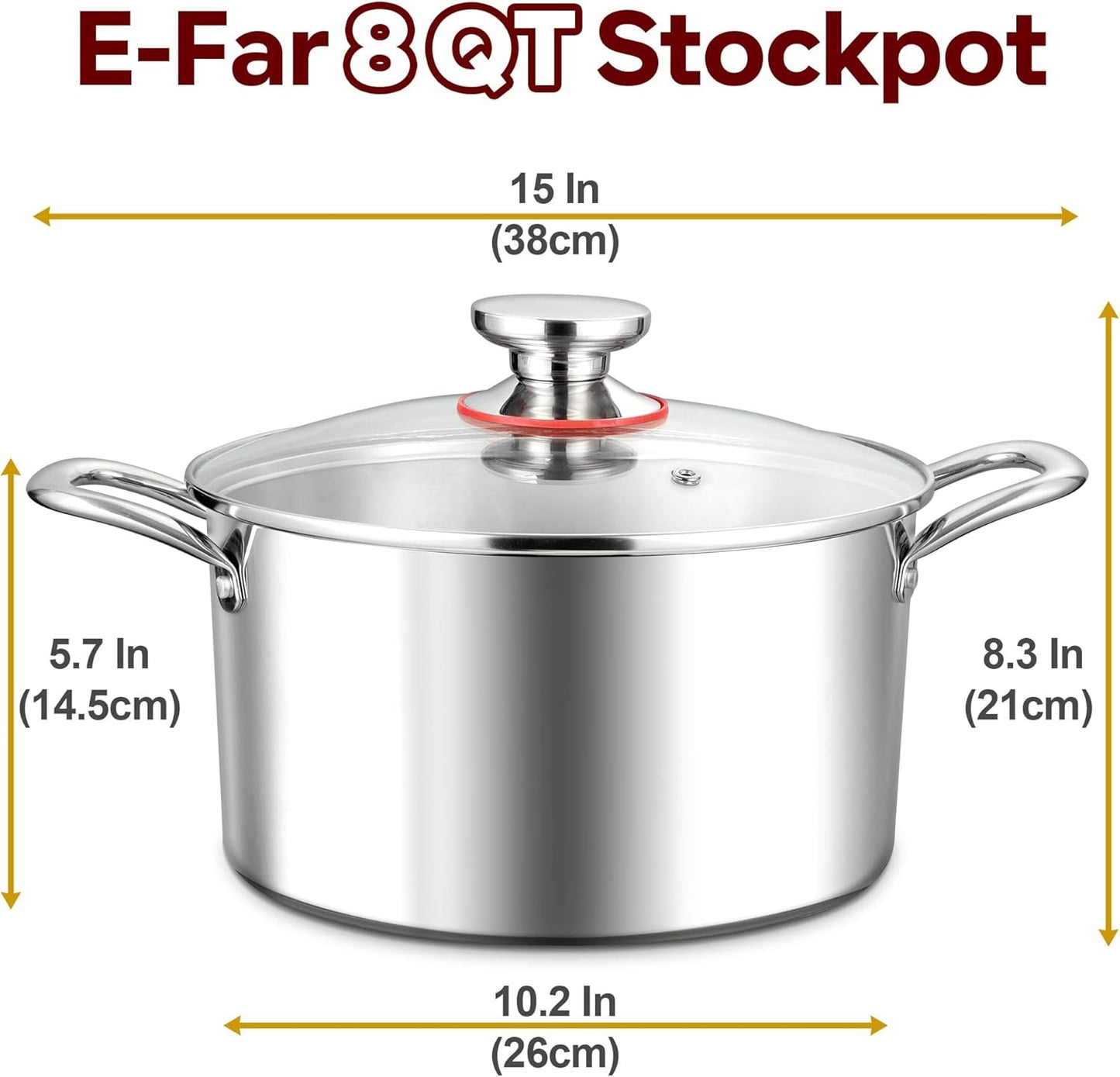 E-far 8 Quart Stock Pot with Lid, 18/10 Tri-ply Stainless Steel Stockpot for Induction Ceramic Gas Stoves, Heavy Duty Cooking Pot for Pasta Soup Stewing Simmering, Oven and Dishwasher Safe