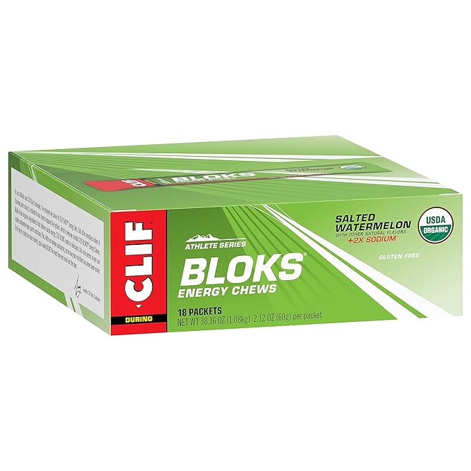 CLIF BLOKS - Salted Watermelon Flavor with 2X Sodium - Energy Chews - Non-GMO - Plant Based - Fast Fuel for Cycling and Running - Quick Carbohydrates and Electrolytes - 2.12 oz. (18 Count)