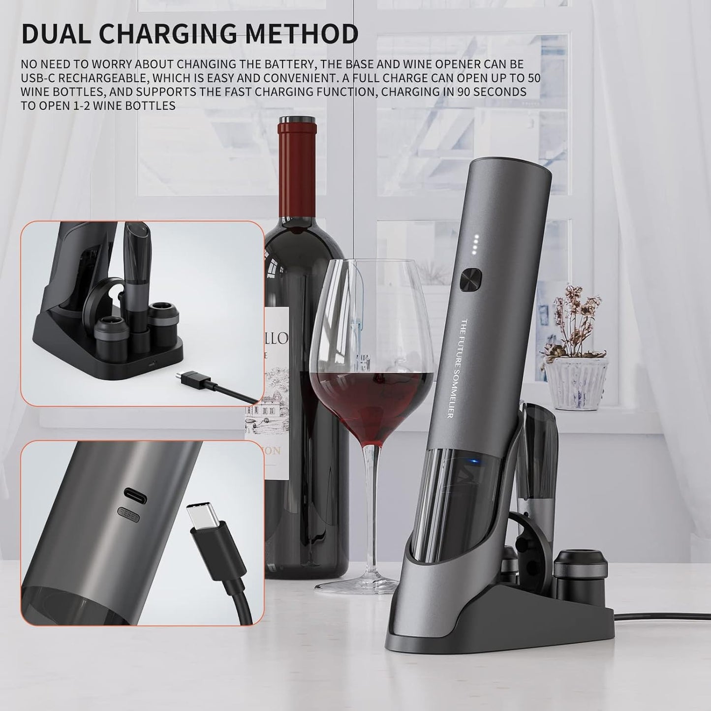 CIRCLE JOY Rechargeable Electric Wine Bottle Opener Set 7-in-1 Aluminum Alloy Wine Gift Set with 2-in-1 Electric Corkscrew & Vacuum Pump, Foil Cutter, Wine Pourer, Charging Base and 2 Wine Stoppers