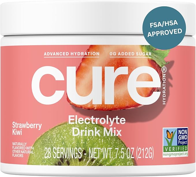 Cure Hydration | Plant-Based Electrolyte Drink Mix | No Added Sugar | FSA-HSA | Dehydration Relief Powder Made with Coconut Water | Non-GMO | Vegan | 28 Servings Jar - Strawberry Kiwi