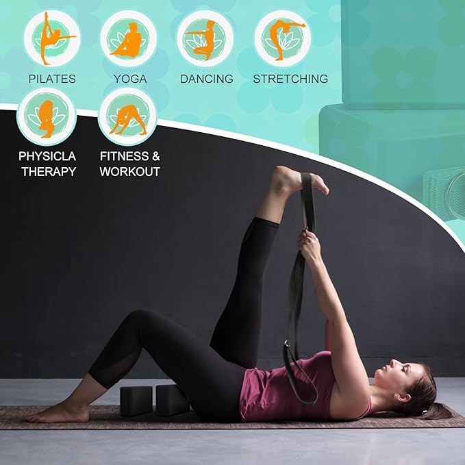 Meooeck 18 Pcs Yoga Block and Strap Set 9 x 6 x 3 Inch EVA Foam Non Slip Brick 8 ft Yoga Straps for Stretching D Ring Design for Back to School Pilates Fitness Workout Exercise