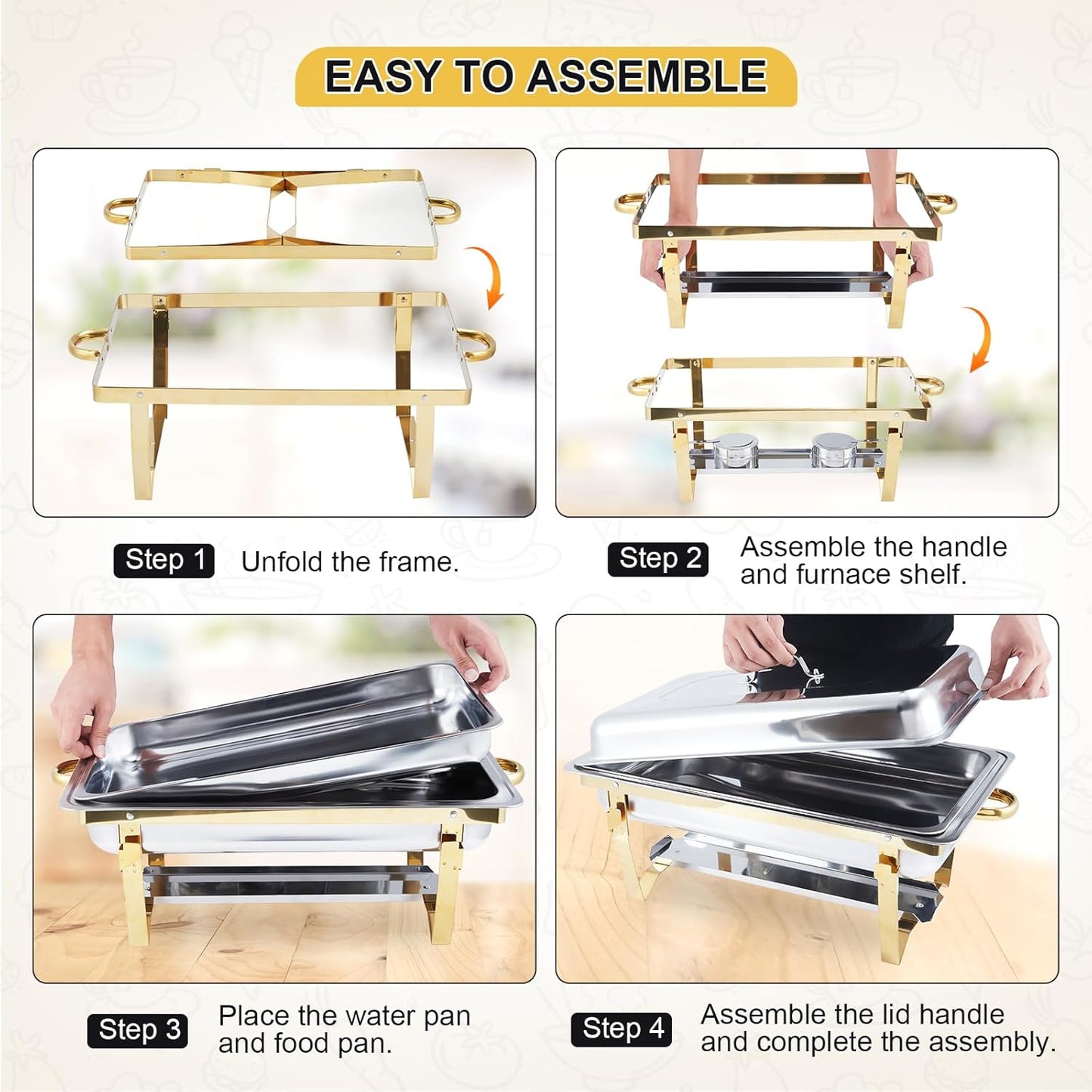 GarveeHome 4 Pack Chafing Dishes for Buffet, 8 Qt Stainless Steel Chafers and Warmers Sets with Lid, Rectangle Serving Food Warmer Catering Supplies Buffet Display for Party, Gold