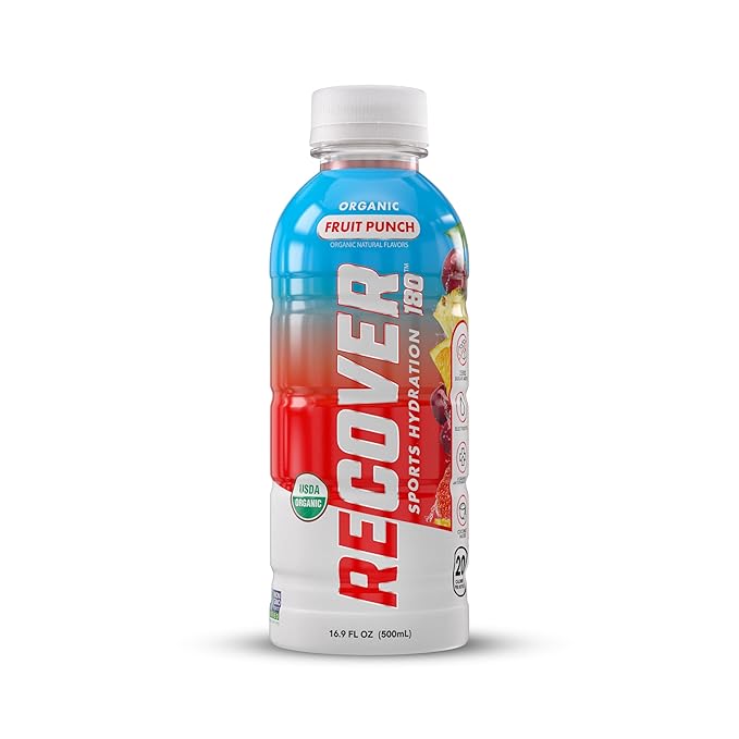 RECOVER 180 Organic Sports Hydration Drink, No Sugar Added, 20 Calorie Sports Beverage, Organic Flavors With Vitamins, Potassium-Packed Electrolytes (16.9 Fl Oz (Pack of 12), Fruit Punch)