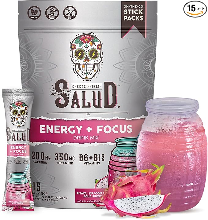 Salud 2-in-1 Energy Drink Powder + Focus, Dragon Fruit, Organic Caffeine, B6 + B12, Theanine, Clean Energy Drink Packets, Pitaya Agua Fresca Mix, Non-GMO, Gluten Free, Vegan, 1g of Sugar, (15 Servings)