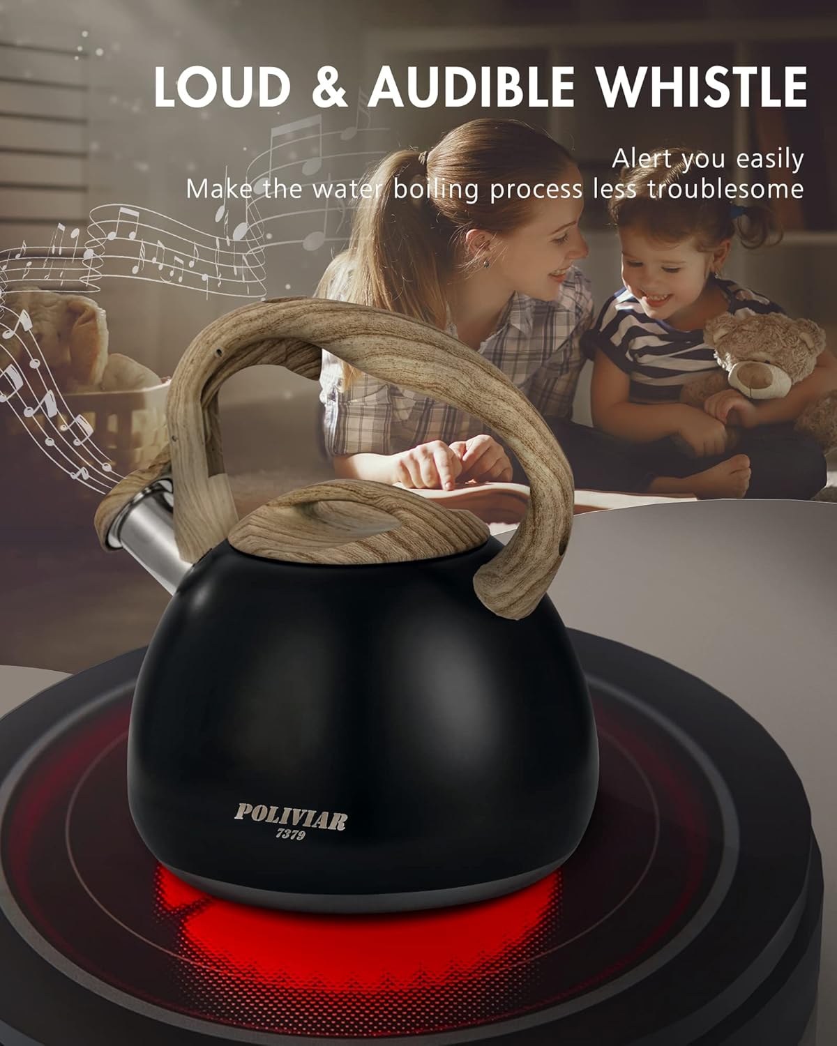 POLIVIAR Tea Kettle, Black Ti Stovetop Tea Kettle 2.7 Quart , Audible Whistling Teapot, Food Grade Stainless Steel for Anti-Rust and Anti Hot Handle, Suitable for All Heat Sources (JX2018-WB20)