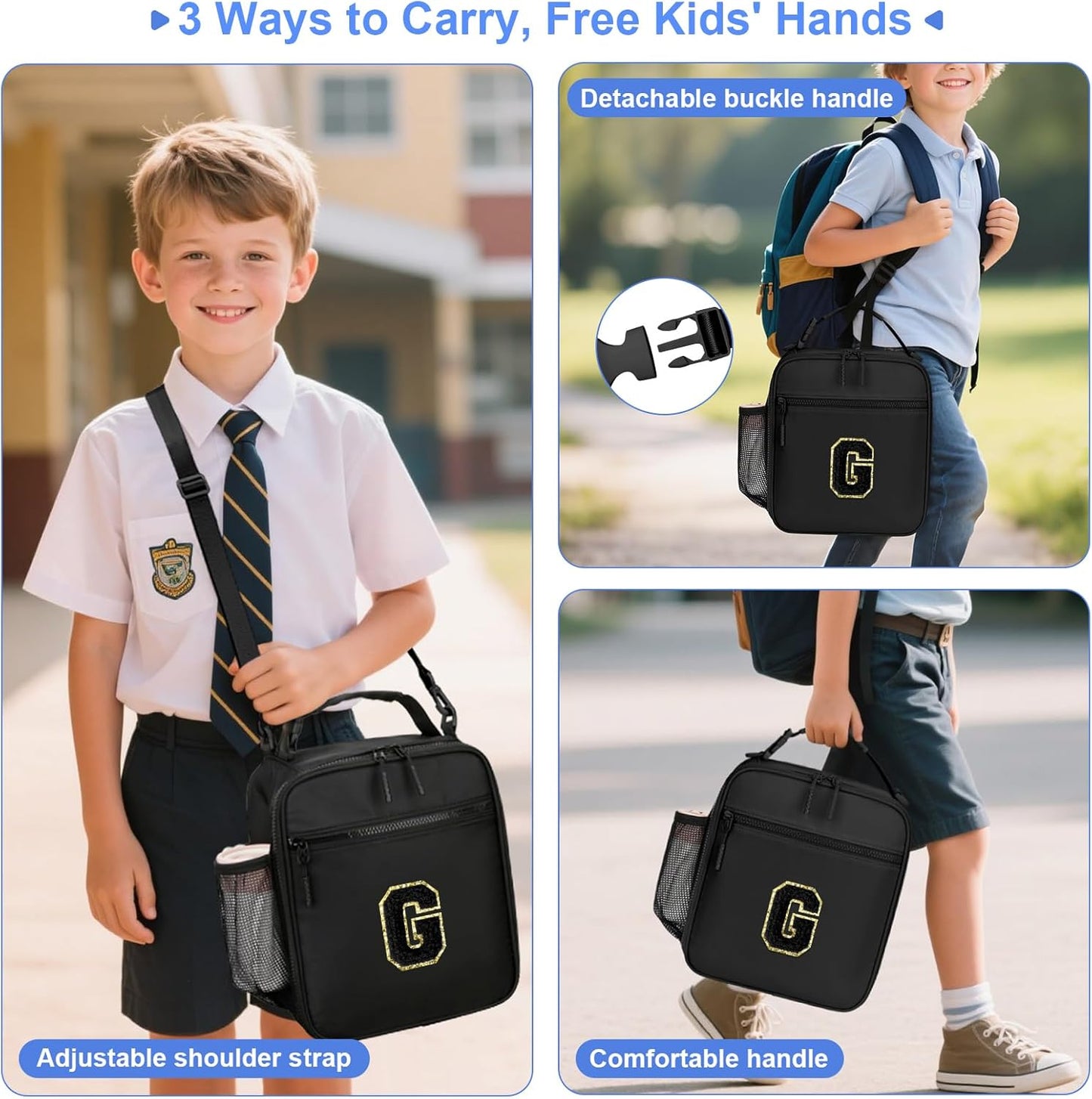 Initial Insulated Lunch Bag for Boys Kids, Back to School Gift, Reusable Leak-proof Lunch Box with Adjustable Strap for School Daycare Travel Picnic（Black，G）