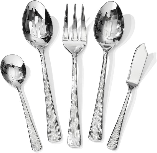 KINGSTONE Hammered 5-Piece Serving Utensil Set, 18/10 Stainless Steel Flatware for Catering, Party Include Spoons, Slotted Spoon, Fork, Butter Knife - Mirror Finish & Dishwasher Safe
