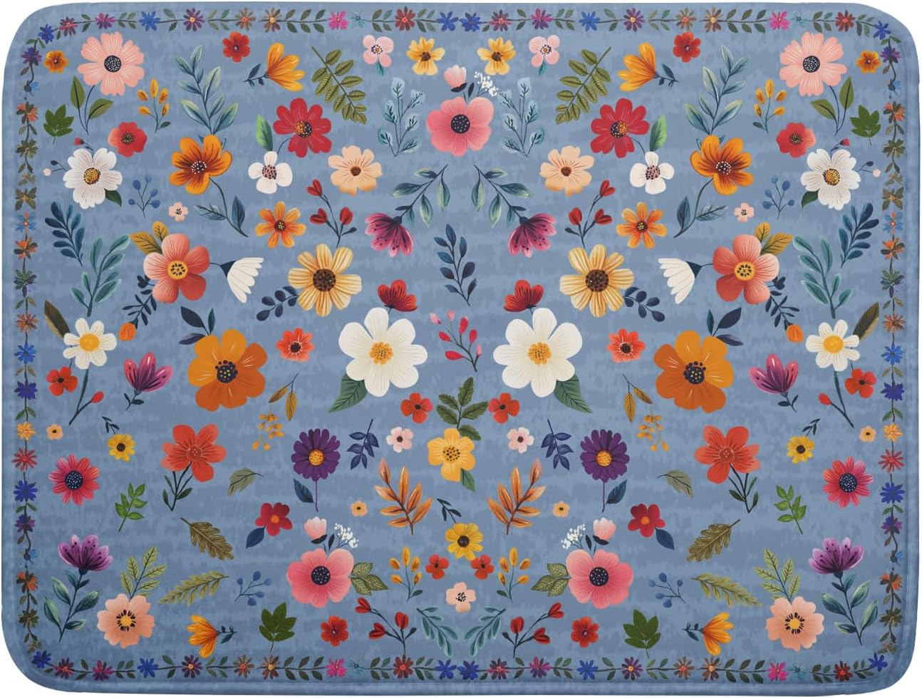 Colorful Flower Dish Drying Mat - Blue Large Floral Coffee Mat for Kitchen Counter Decor 18 X 24