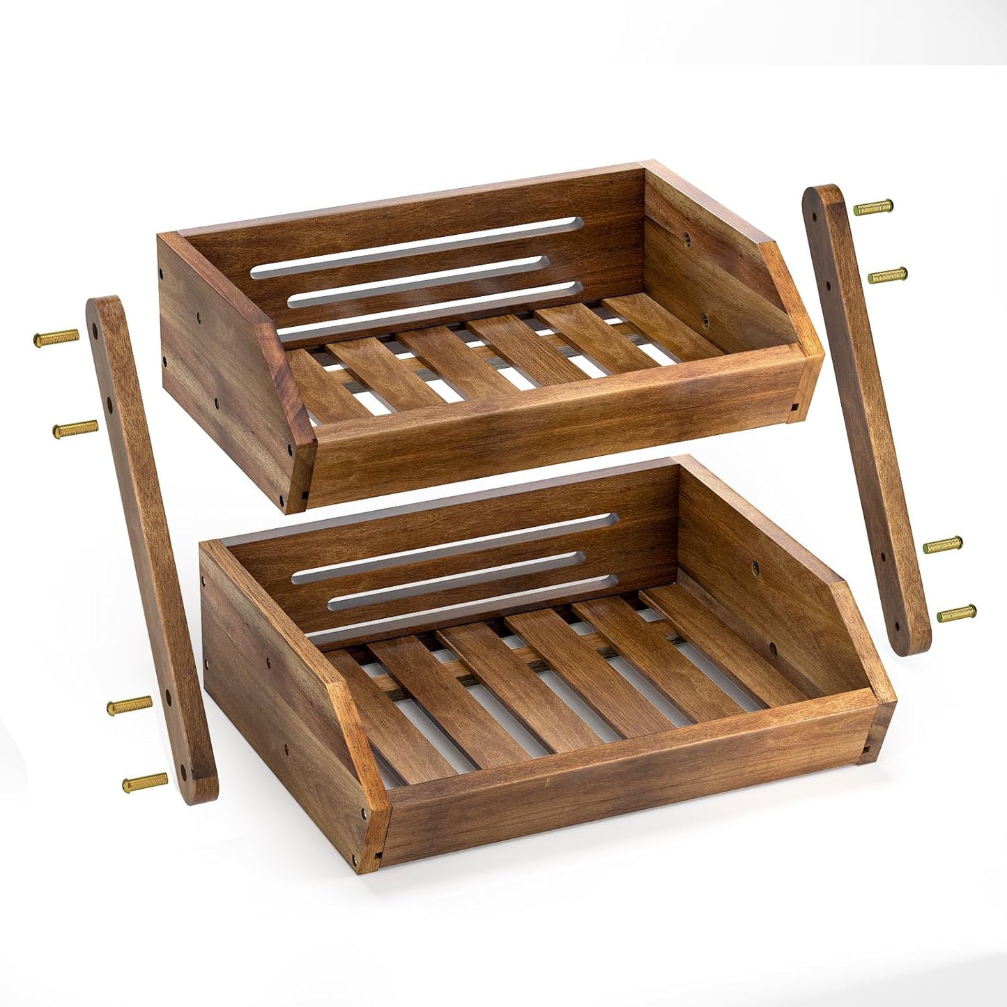 G.a HOMEFAVOR Fruit Basket: 2-Tier Acacia Wood Fruit Bowl for Kitchen, Fruit Stand Storage Holder for Vegetables and Snack Home Kitchen Countertop Organizer (Self-assembly)