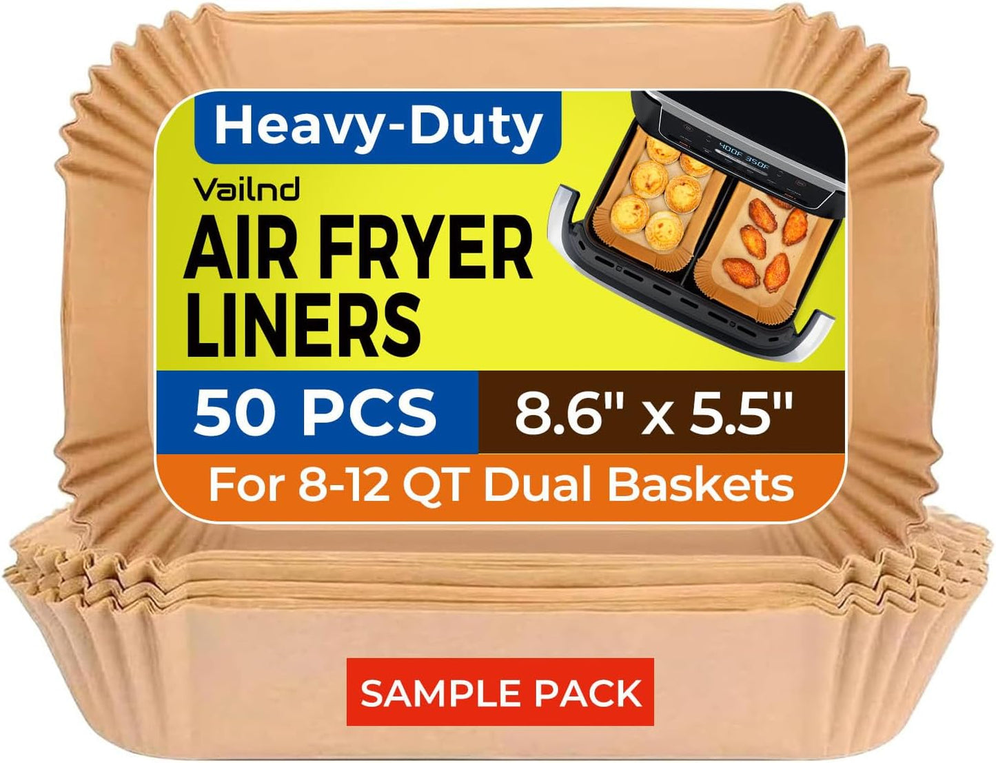 Vailnd Air Fryer Paper Liners Disposable - 50 PCS 8.6x5.5 Inch Rectangle Parchment Paper Sheets, Food Grade Baking Paper for Dual Basket Air Fryer, Oilproof, Waterproof