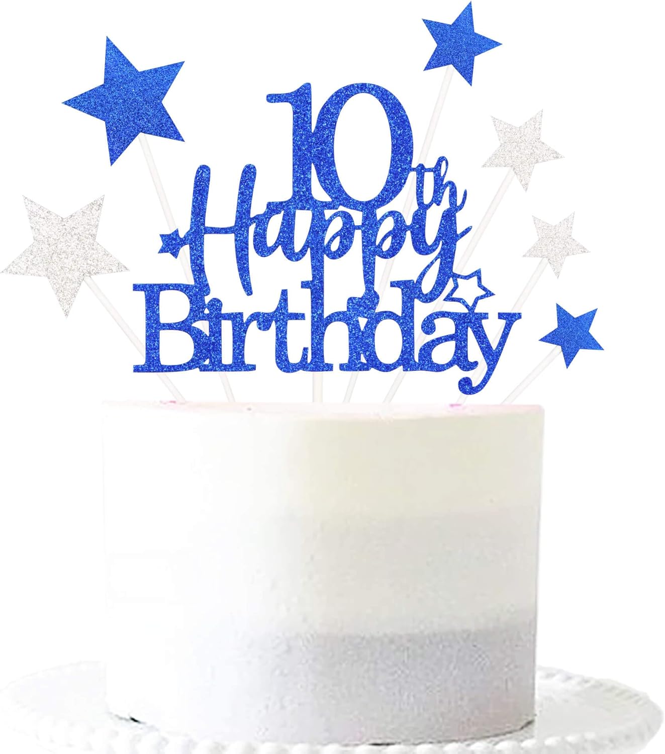 Glittery 10th Cake Topper with Star Boys and Girls 10th Birthday Party Supplies, Ten Years Old Birthday Party Decorations Royal Blue