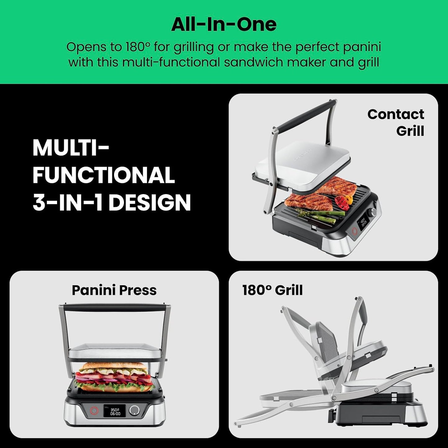 Chefman 5-in-1 Digital Panini Press Grill Sandwich Maker and Griddle Grill Combo with Removable, Reversible Dishwasher-Safe Grilling Plates, Opens 180° for Indoor BBQ /Flat Top Grill, Stainless steel