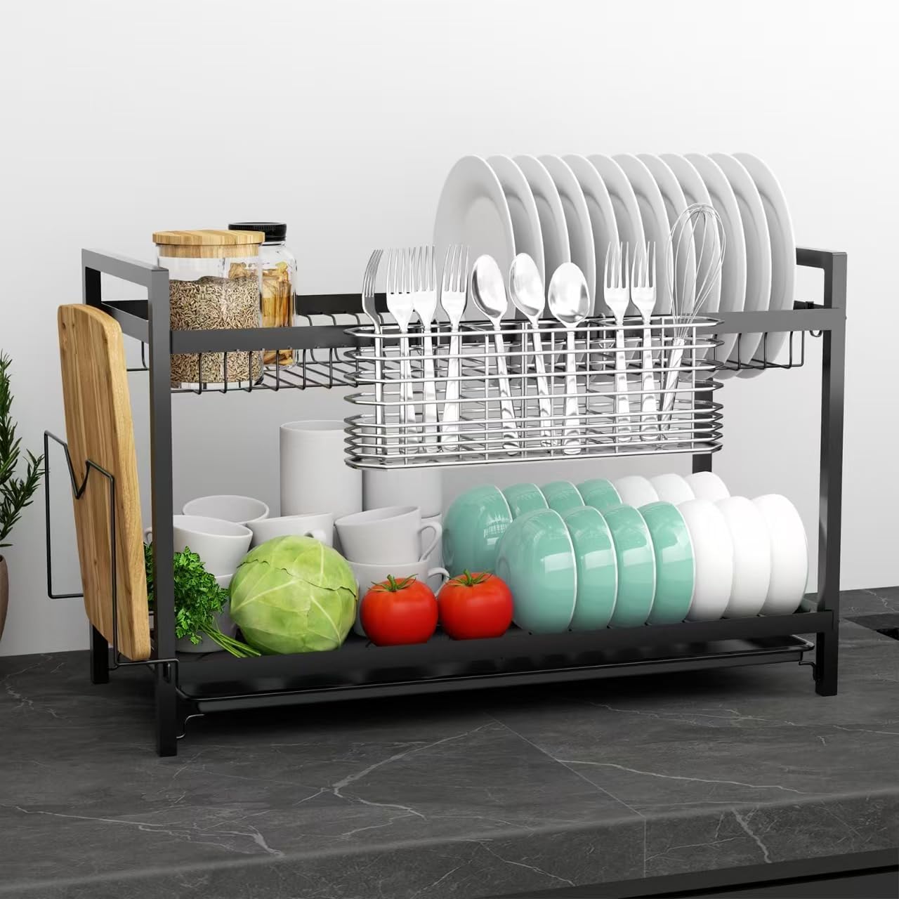 304 Stainless Steel Utensil Holder, Silverware Drying Rack with Hooks for Dish Drainer, Knife and Fork Drainer Basket with 3 Divided Compartments, Kitchen Drainage Basket Accessories, Rust Proof