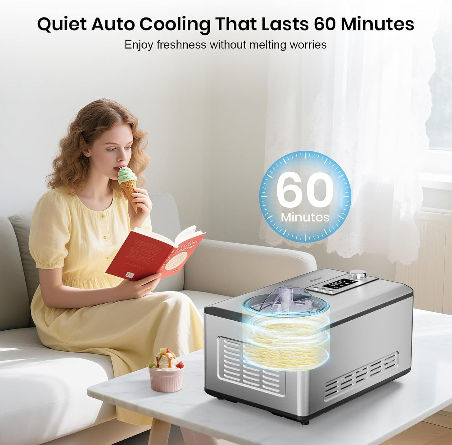 Ice Cream Maker with Upgraded Compressor, [40% Faster Freezing], No Pre-Freezing Needed, LED Display, 2.1 Qt Capacity, Easy Operation for Ice Cream & Yogurt, Stainless Steel