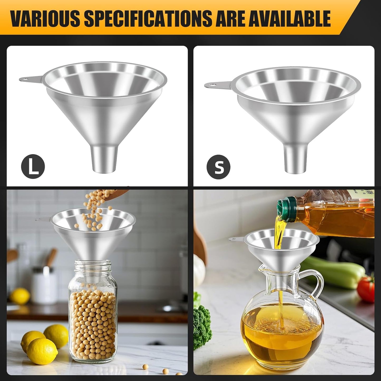 3-Piece Stainless Steel Kitchen Funnel Set for Kitchen Bottle Filling, 2 Funnel Sizes and 1 Strainer for Oils, Liquids, Fluids, Dry Ingredients and Powders, Durable, Washable