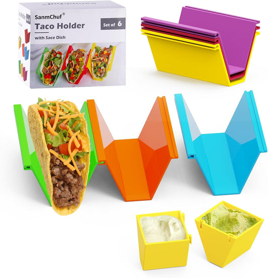 Colorful Taco Holder Set – Set of 6 with 2 Sauce Cups, Connectable & Stackable Plastic Taco Stands, Microwave & Dishwasher Safe, Great for Family Meals & Taco Nights
