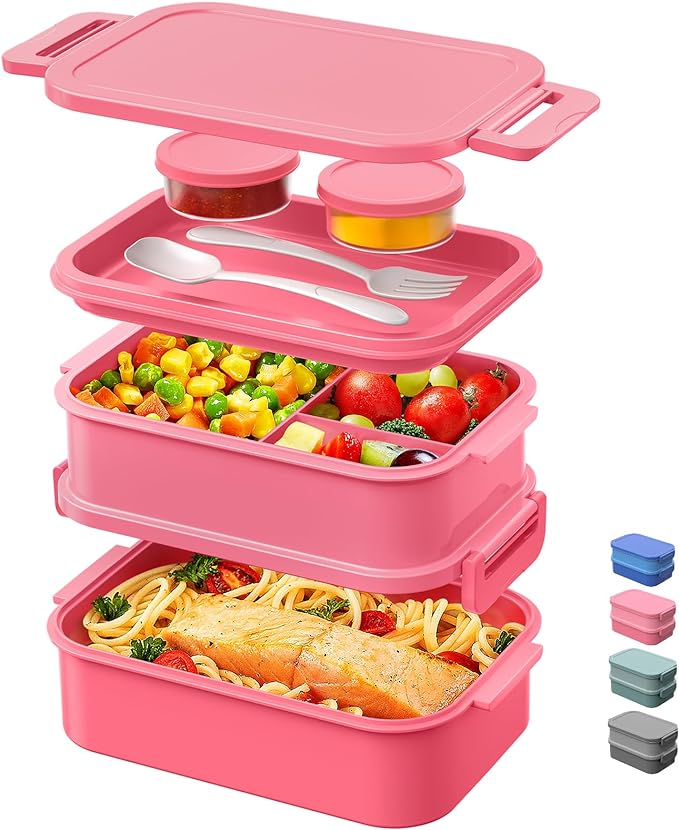 DaCool Adults Bento Box Lunch Box - Stackable All-in-One Leakproof Bento Lunch Box for Adults Women Girls 74 OZ Large Lunch Containers with Fork Spoon Sauce Boxes for Work School Dining Out, Pink