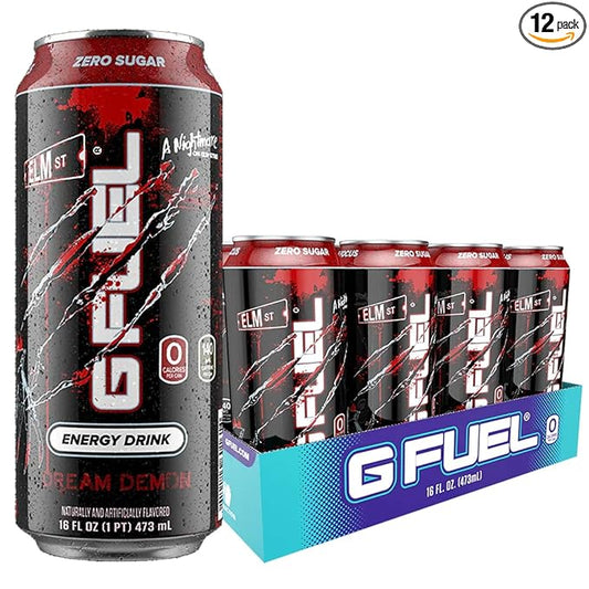 G Fuel Energy Drink, Fruit Punch, Sugar Free Beverage with 140mg Caffeine, Daily Energy Boost with Focus Amino, Vitamin + Antioxidants, 16 oz Cans (Nightmare on Elm Street, 12-Pack)