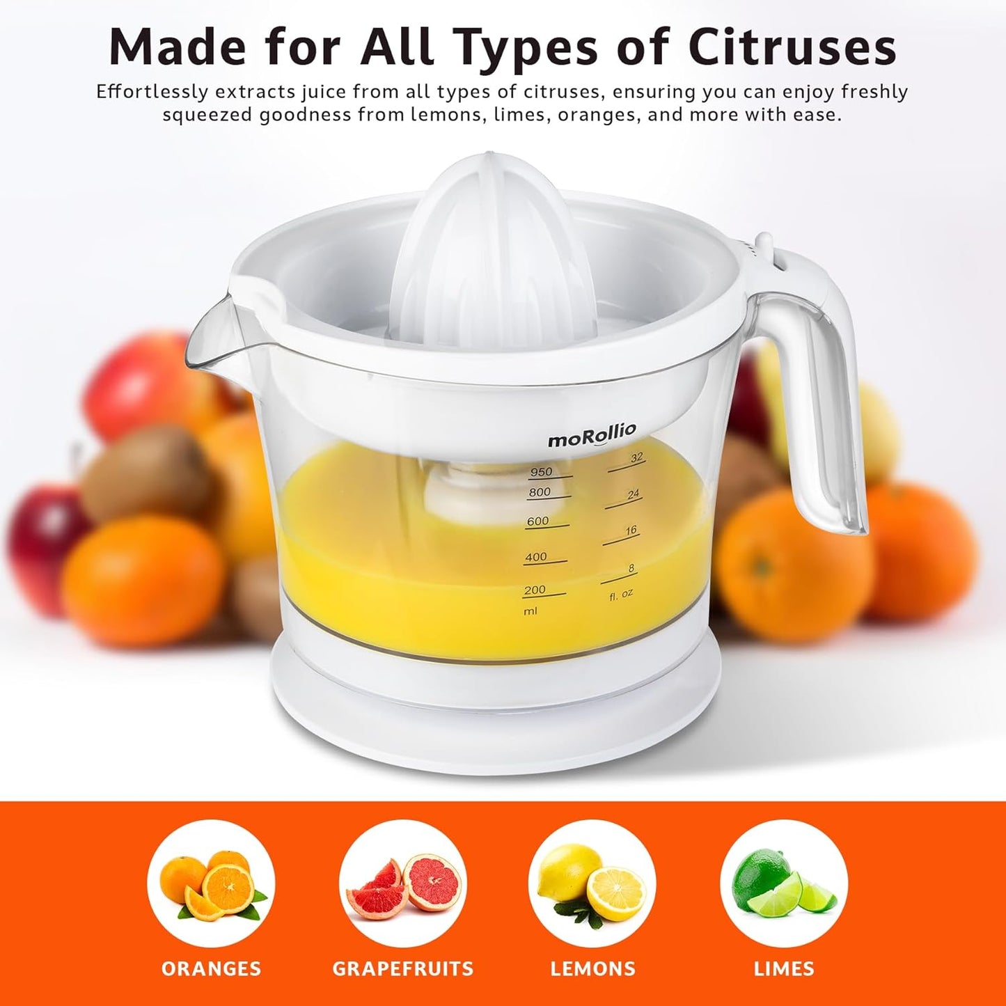 Citrus Juicer, Orange Juicer | Electric Citrus Juice Squeezer with Adjustable Pulp Control, 32oz | for Oranges, Grapefruits, Lemons and Limes