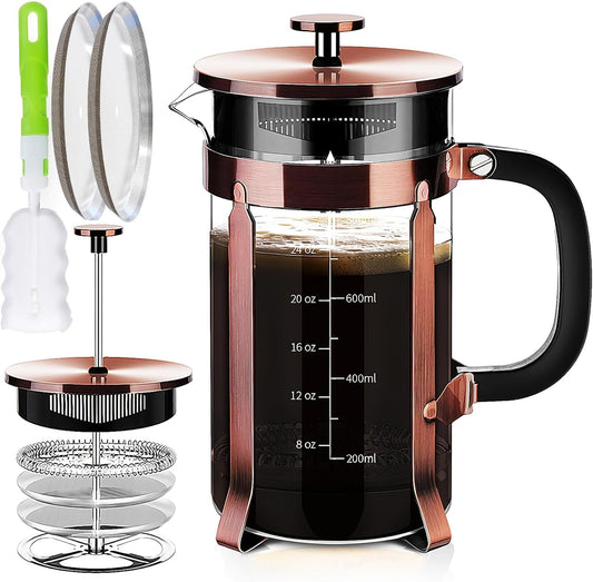 French Press Coffee Maker 304 Stainless Steel Coffee Press,with 4 Filters System, Heat Resistant Thickness Borosilicate French Press Glass, BPA-Free Brewed Tea Pot Coffee Plunger(Copper 12oz)