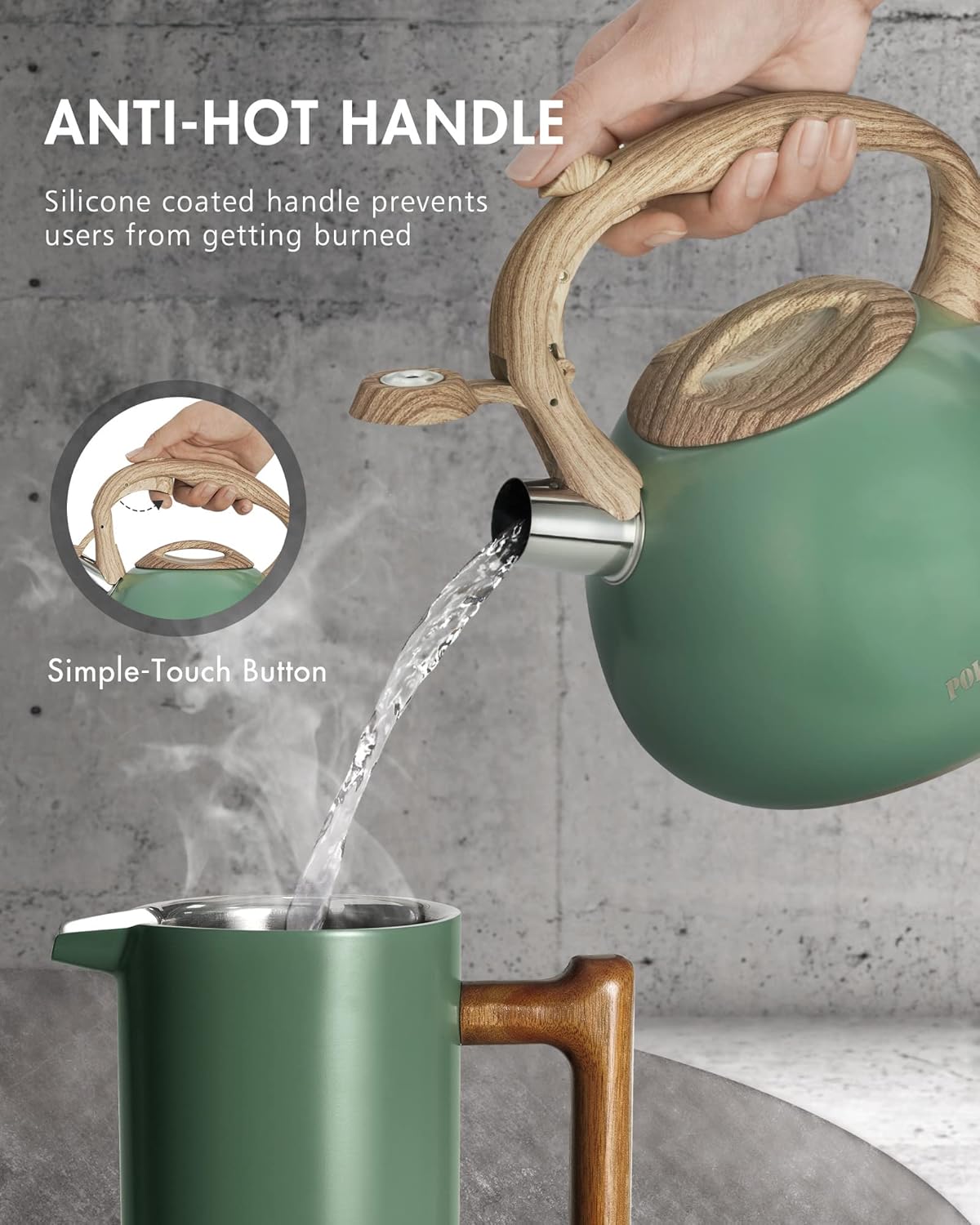 Poliviar Tea Kettle, 2.7 Quart Seaweed Green Finish with Wood Pattern Handle Loud Whistle Food Grade Stainless Steel Teapot, Anti-Hot Handle and Anti-Rust, Suitable for All Heat Sources (JX2020-SB30)