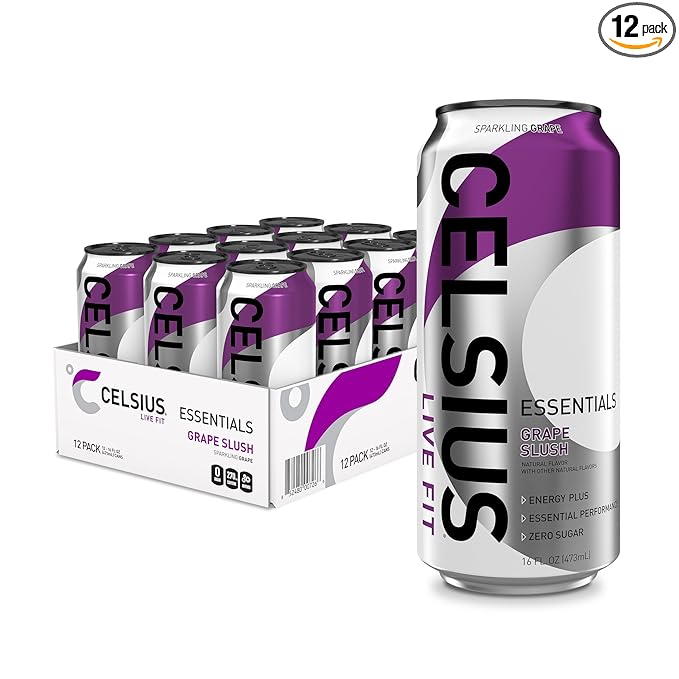 CELSIUS ESSENTIALS™ Sparkling Grape Slush, Sugar Free Performance Energy Drink, 16 Fl Oz (Pack of 12)