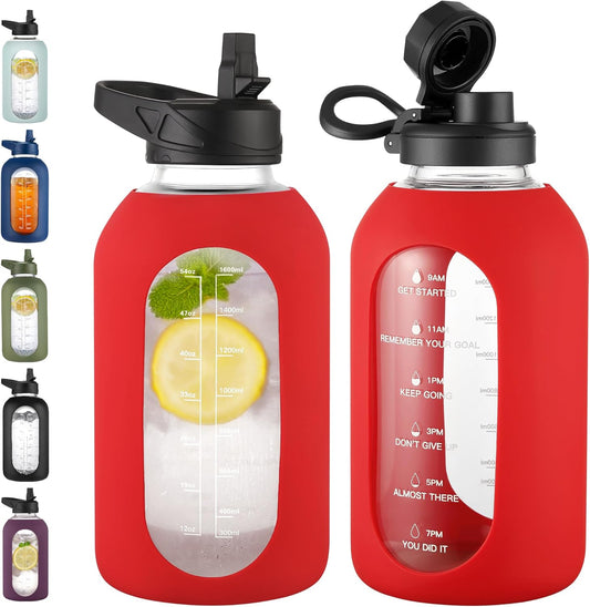 CIVAGO 64 oz Glass Water Bottle Jug with Straw and Handle, Half Gallon Sports Motivational Water Bottle with Time Marker, Wide Mouth Flask Canteen with Silicone Sleeve for Gym, Red