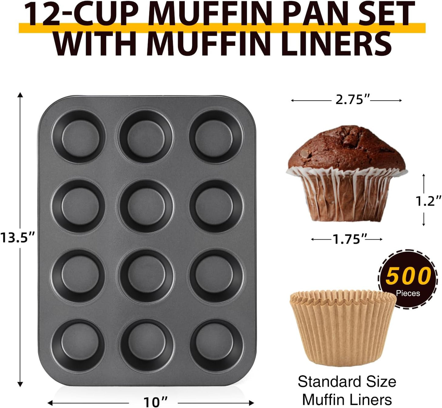HONGBAKE Muffin Pan with 500 Cupcake Liners, Nonstick Cup Cake Tin for Baking,Premium 12 Cup Cheesecake Trays - Dark Grey
