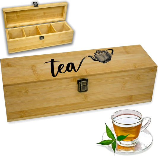 Tea Organizer Box Food Safe Bamboo Wood Chemical Free Big, Tall, Adjustable Cubbies Natural Storage Chest (4-Slot Across 14.3" x 4.4" x 4.2" with Tea Cup design)