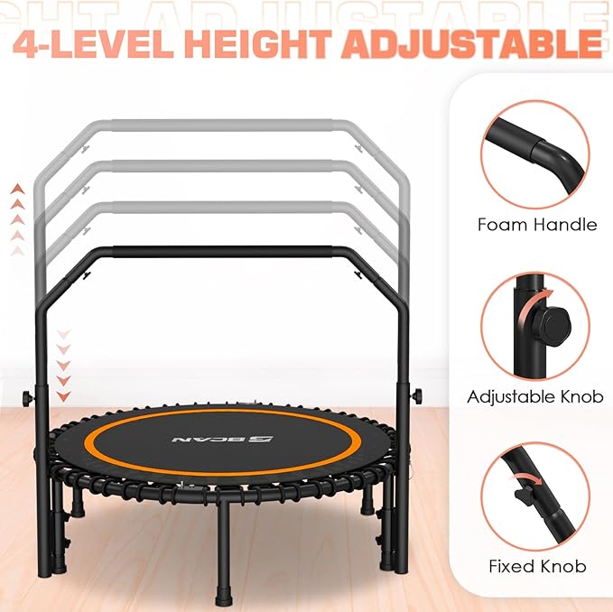BCAN 40"/48" Rebounder Trampoline for Adult, 450/550LBS Fitness Trampoline with Bungees, Adjustable Handle, Stable & Quiet, Indoor Outdoor, Whole-Body Workout & Relaxation at Home for Women/Men
