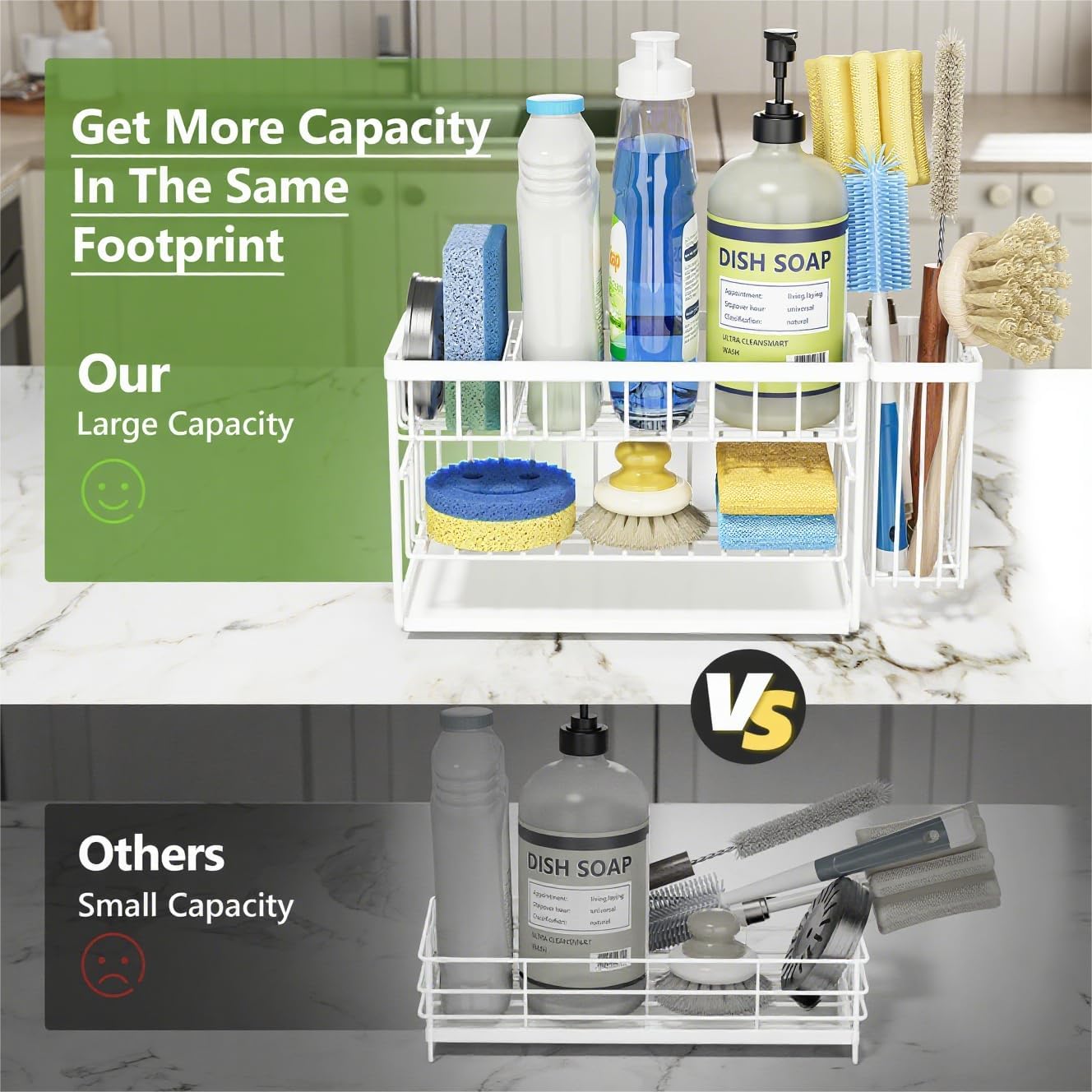 Cisily White 2-Tier Kitchen Sink Caddy Organzier Rack with Flexible Dish Brush Holder, Sponge Holder for Kitchen Sink Countertop Organization Storage,Home Decor Accessories