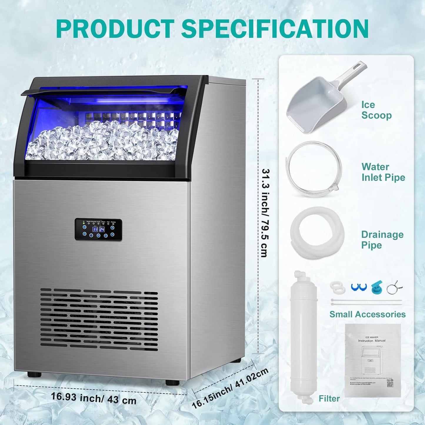 Commercial Ice Maker Machine, 150lbs/24H with 45Lbs Storage Bin, 55Pcs Ice Cubes 8Mins, Tap Add Water Freestanding Ice Maker Commercial for Home Bar Office