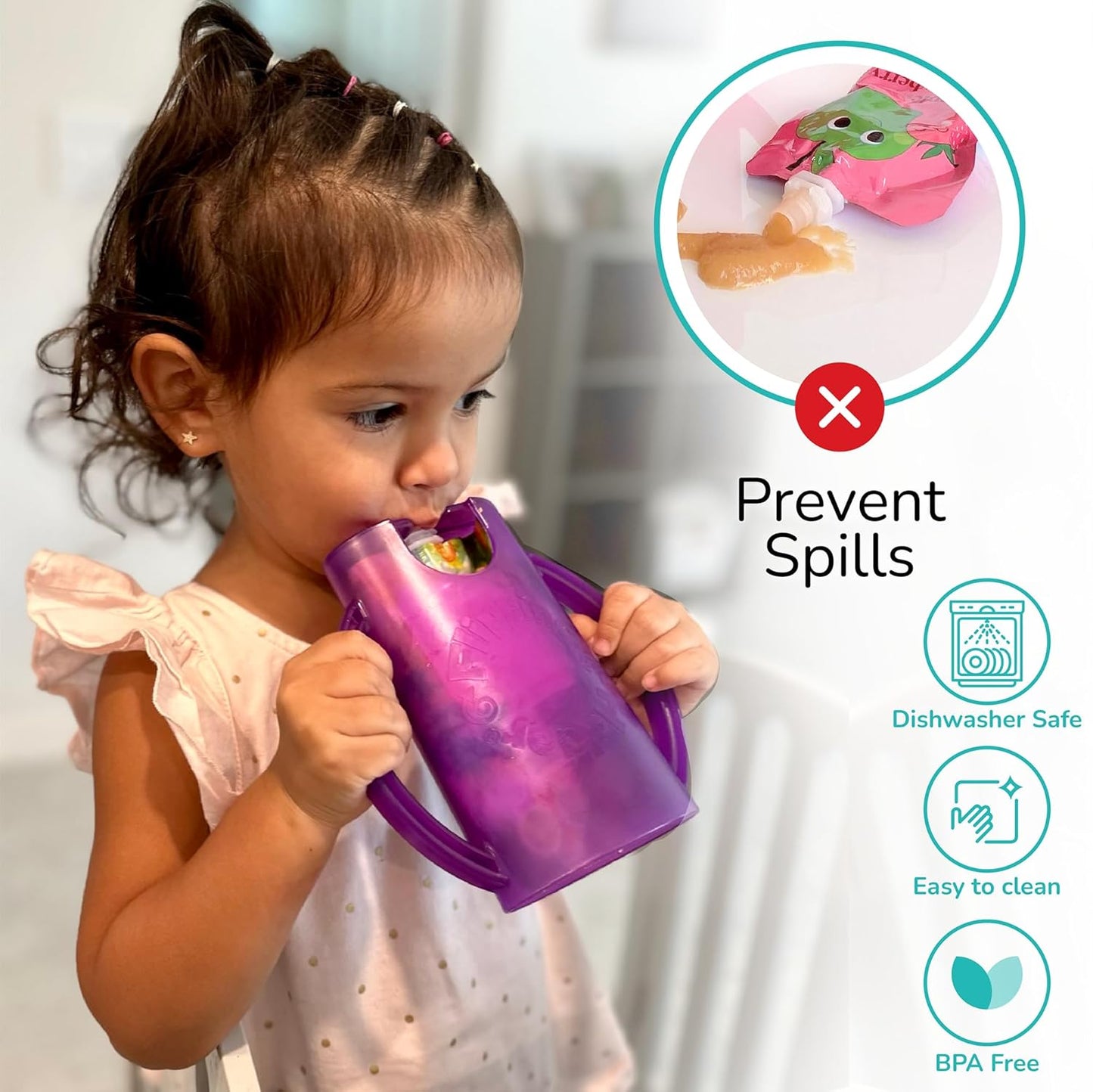 Squeeze Proof Food Pouch Holder for Toddlers, Babies, Kids, Mess Free No Squeeze Juice Box Drink and Applesauce Snack Holder with Easy Grip Handles and Lid