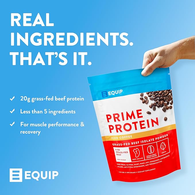 Equip Foods Prime Protein Powder | Clean, Grass Fed Beef Protein Powder | Carnivore Protein Isolate | Paleo, Keto Friendly, Gluten & Dairy Free | Helps Build & Repair Tissue | 30 Servings, Iced Coffee