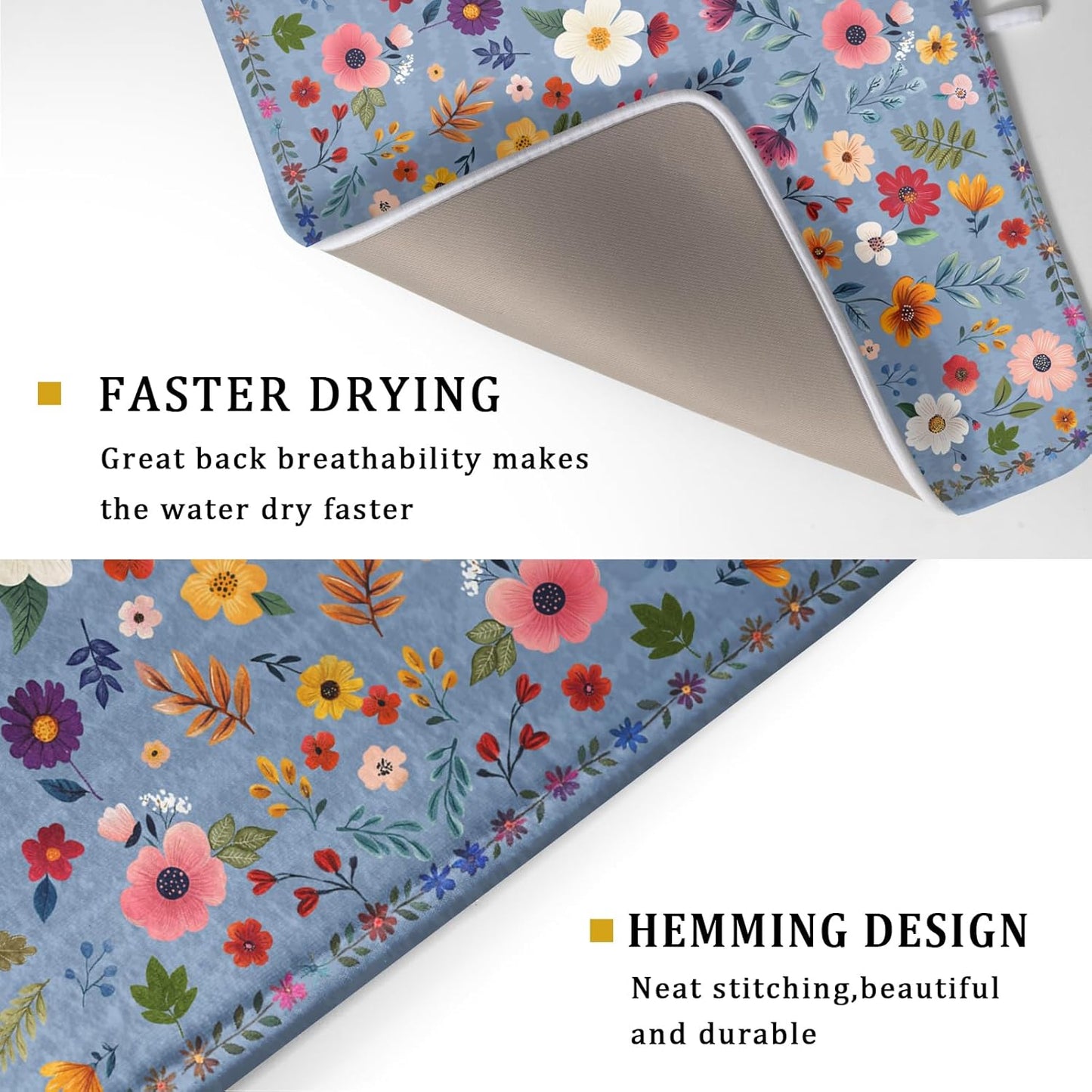 Colorful Flower Dish Drying Mat - Blue Large Floral Coffee Mat for Kitchen Counter Decor 18 X 24