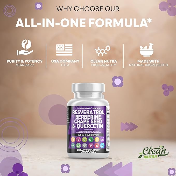 Clean Resveratrol Supplement | Berberine Grape Seed Extract Quercetin Green Tea Extract Acai Noni Polyphenol Supplement for Women & Men Anti Aging N-Acetyl Cysteine NAD Booster