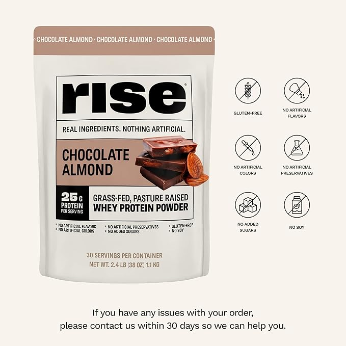 Rise Grass-Fed Whey Protein Powder - Chocolate Almond | 25g Protein No Artificial Flavors, Colors, or Preservatives - Sugar Free, Gluten-Free, Soy Free (2.4 lbs)