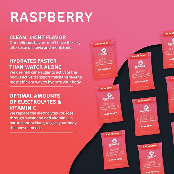 Tailwind Nutrition Rapid Hydration, Electrolyte & Hydration Powder, Vitamin C & Sea Salt Exercise Workout Mix, Raspberry, Pack of 12 Sticks