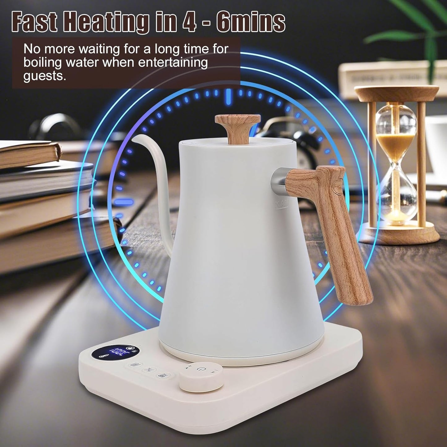 Electric Gooseneck Kettle for Pour Over Coffee/Tea, 1200W 0.9L Quick Heating Electric Kettles with Stainless Steel Inner, LCD Screen, Timing Constant Temperature, Auto Shut Off (White)