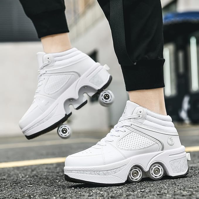 Roller Skate Shoes for Women Four Rounds Children's Roller Skates Shoes That Turn into Rollerskates Sneakers Outdoor Light Shoes with Wheels for Girls/Boys
