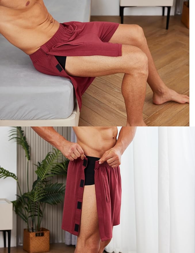 Deyeek Unisex Tear Away Shorts Snap On Athletic Cotton Shorts Post Knee Surgery Recovery Hip Replacement Pants with Pockets