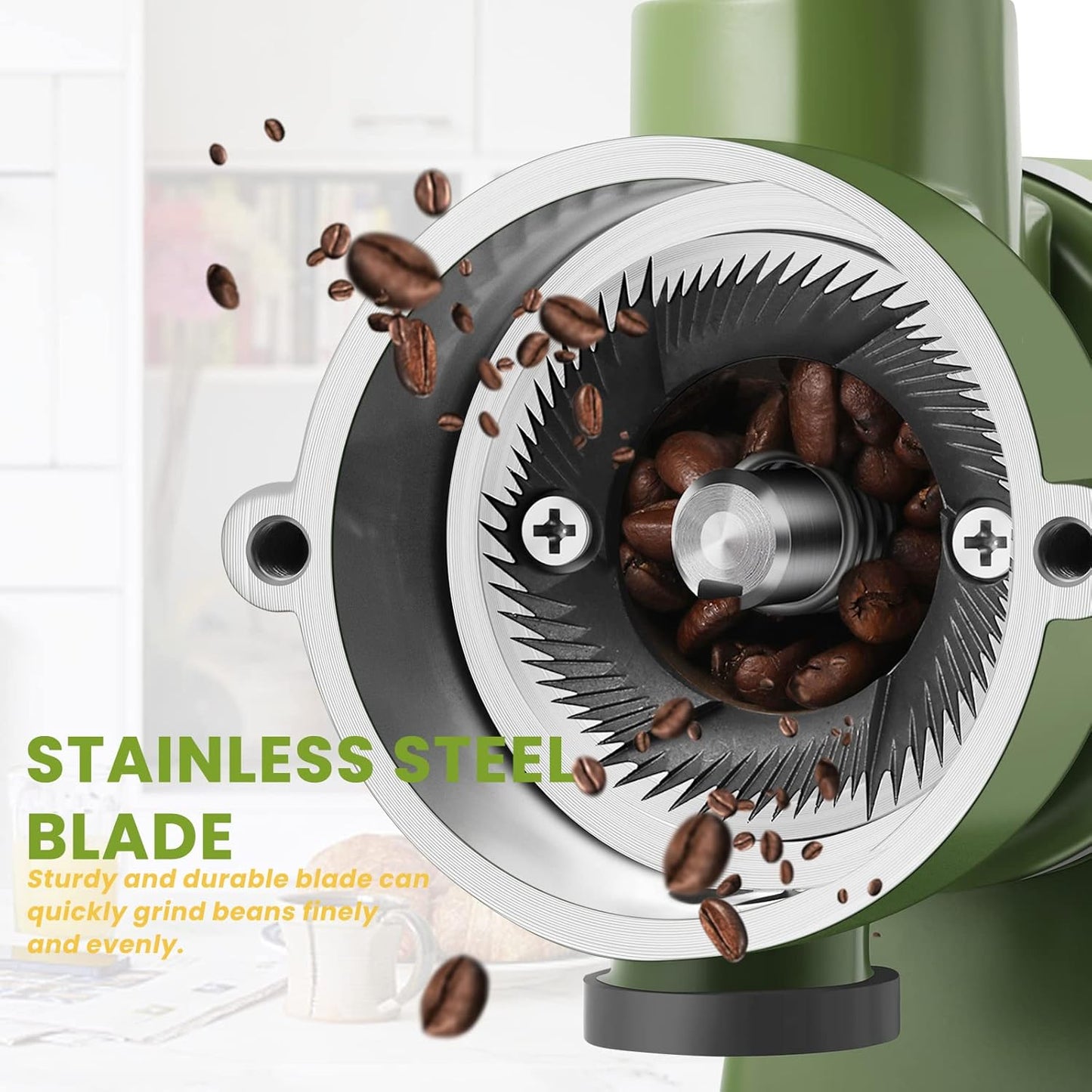Electric Coffee Grinder Burr Espresso Coffee Bean Grinder Small Automatic Stainless Steel Coffee Mill With Brush, Pea Green
