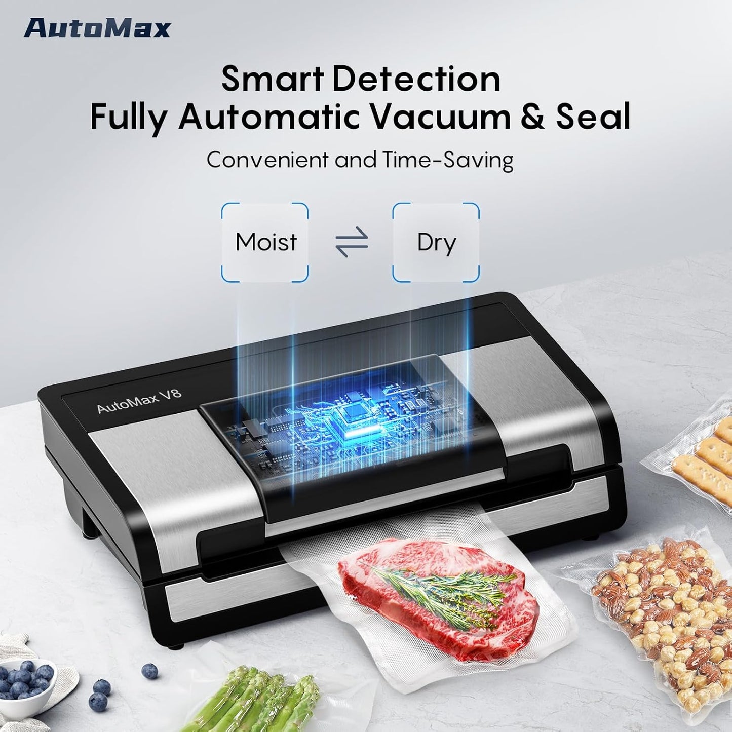 Fully Automatic Vacuum Sealer, 95Kpa Powerful Food Vacuum Sealer Machine, Auto Dry-Wet Detection | Bag Cutter | 2 Rolls Bags & 100 Pcs Precut Bags | Effortless Operation, Silver - Black