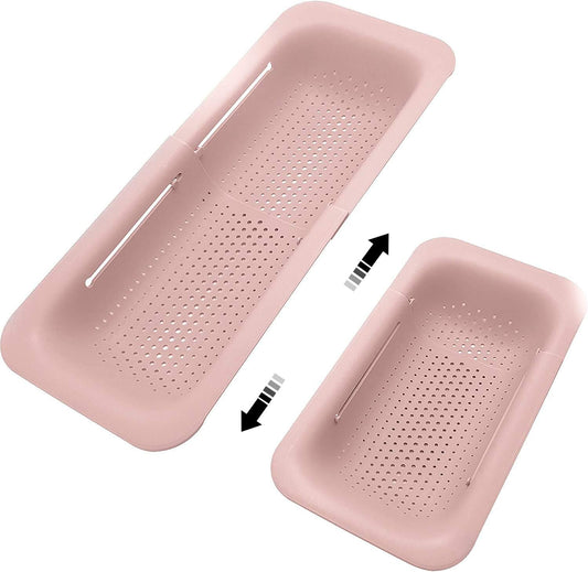 Collapsible Sink Colanders and Strainers Basket Over the Sink Colander Collapsible Colander Extendable Plastic Fruit Vegetable Strainer Drainer Basket for Kitchen(Length 14.3 inch-19.4 inch) (Pink)